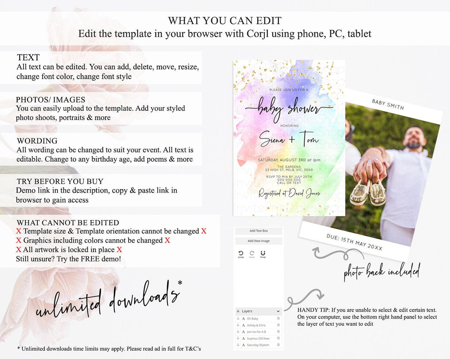 Pastel Baby Shower Invitation Rainbow Baby Shower Invitation Colorful Pastel Watercolor Invitation Gold Glitter Sprinkles Ombre D10316