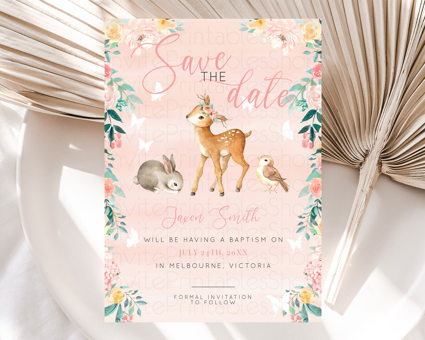 Fawn Deer Save The Date Template Pastel Floral Deer Enchanted Forest Butterfly Party 1st Birthday Baptism Baby Shower Bridal Shower D10921