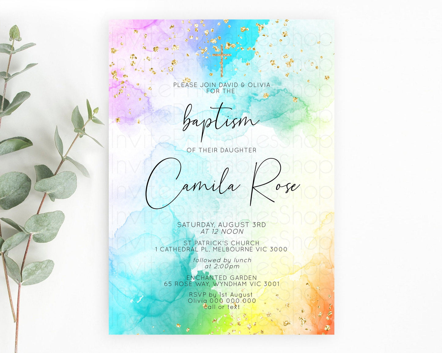 Pastel Baptism Invitation Pastel Colors Watercolor Baptism 1st Birthday Party Gold Ombre Pastel Rainbow Christening Holy Communion D10771