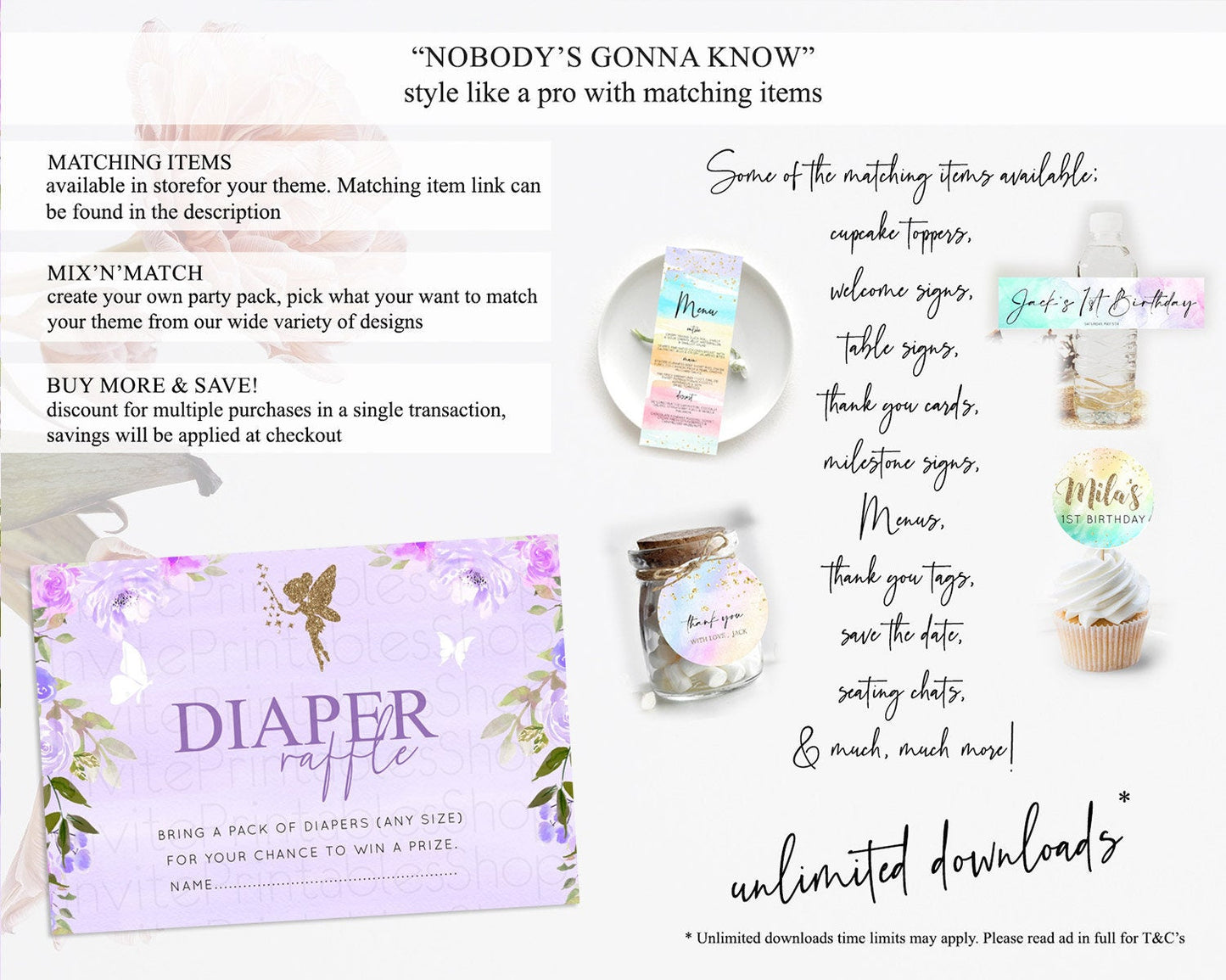 Fairy Diaper Raffle Card Fairy Diaper Insert Enchanted Garden Fairy Diaper Ticket Pastel Floral Butterfly Secret Garden Raffle Game D10910