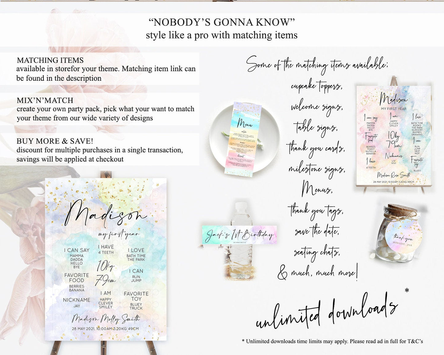 Pastel First Birthday Milestone Board Pastel Rainbow Milestone Poster Colorful Confetti Watercolor Glitter 1st Birthday Welcome Sign D10613