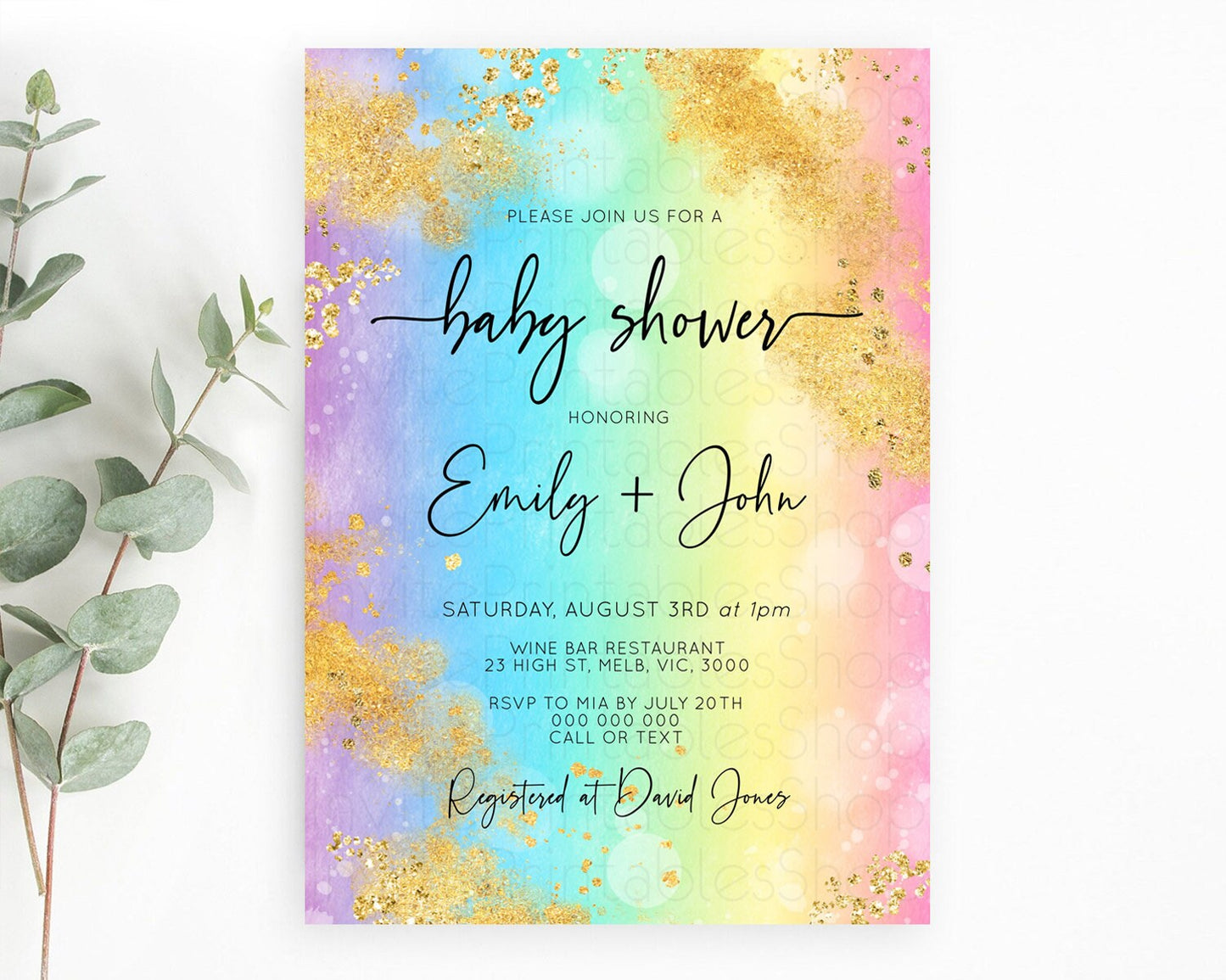 Pastel Baby Shower Invitation Rainbow Baby Shower Invitation Colorful Pastel Watercolor Invitation Gold Glitter Sprinkles Ombre D10559