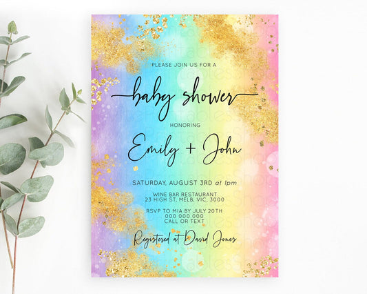 Pastel Baby Shower Invitation Rainbow Baby Shower Invitation Colorful Pastel Watercolor Invitation Gold Glitter Sprinkles Ombre D10559