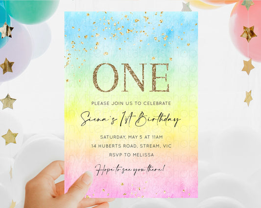 Editable Rainbow Birthday Invitation Colorful Pastel Watercolor Invitation G