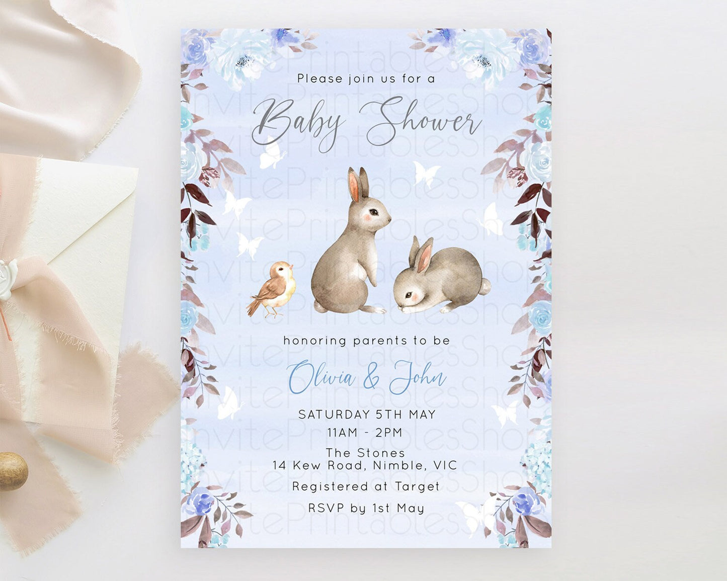 Bunny Baby Shower Invitation, Bunny Invitation, Enchanted Forest Theme, Secret Garden Pastel Blue Floral, Rabbit, Butterfly, Woodland D10923