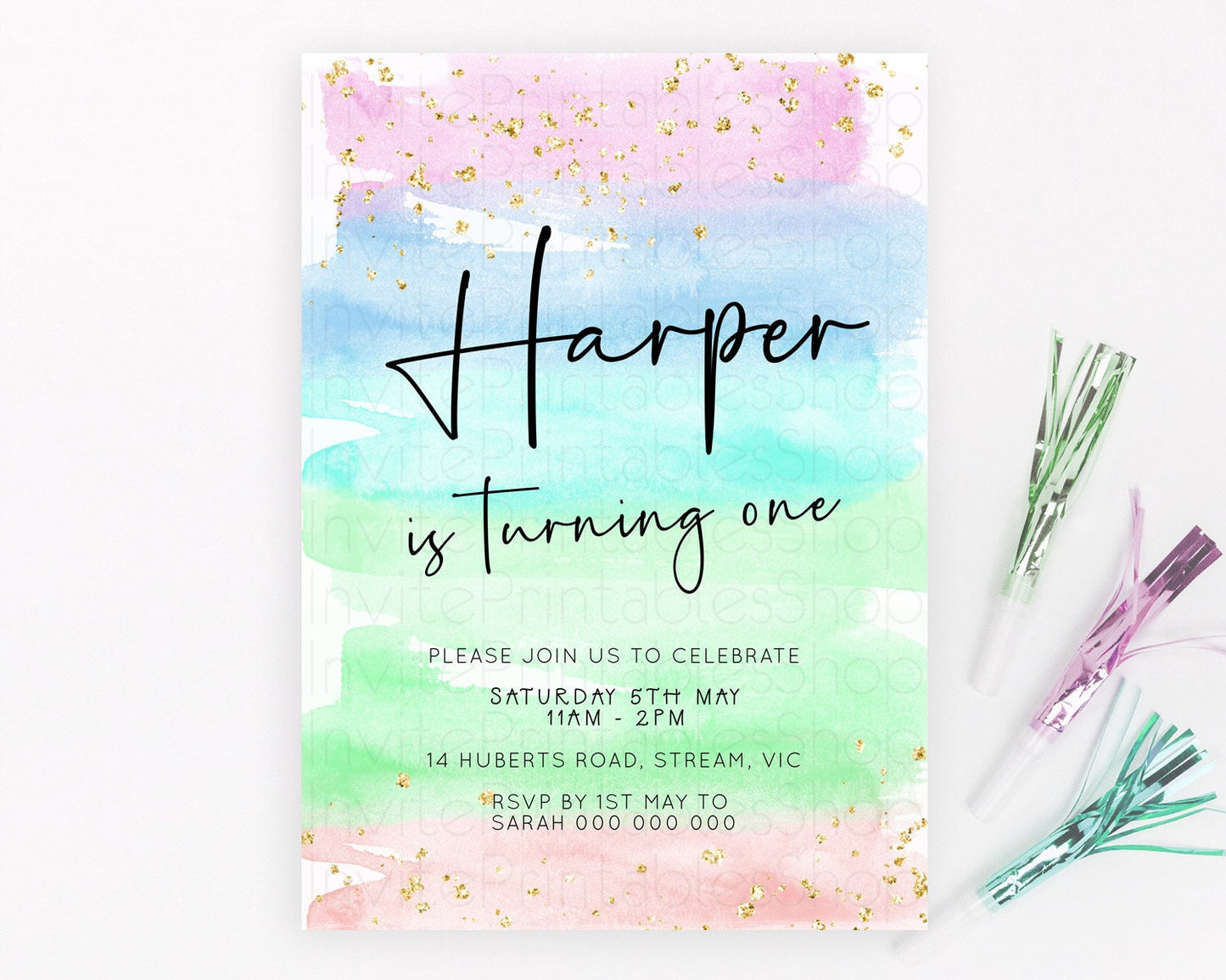 Pastel Birthday Invitation Ombre Watercolor Birthday Invitation Glitter Rainbow Color Splash 1st 2nd 3rd Birthday Invitation D23042