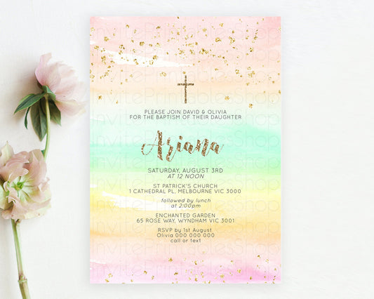 Pastel Baptism Invitation Pastel Colors Watercolor Baptism 1st Birthday Party Gold Ombre Pastel Rainbow Christening Holy Communion D10592