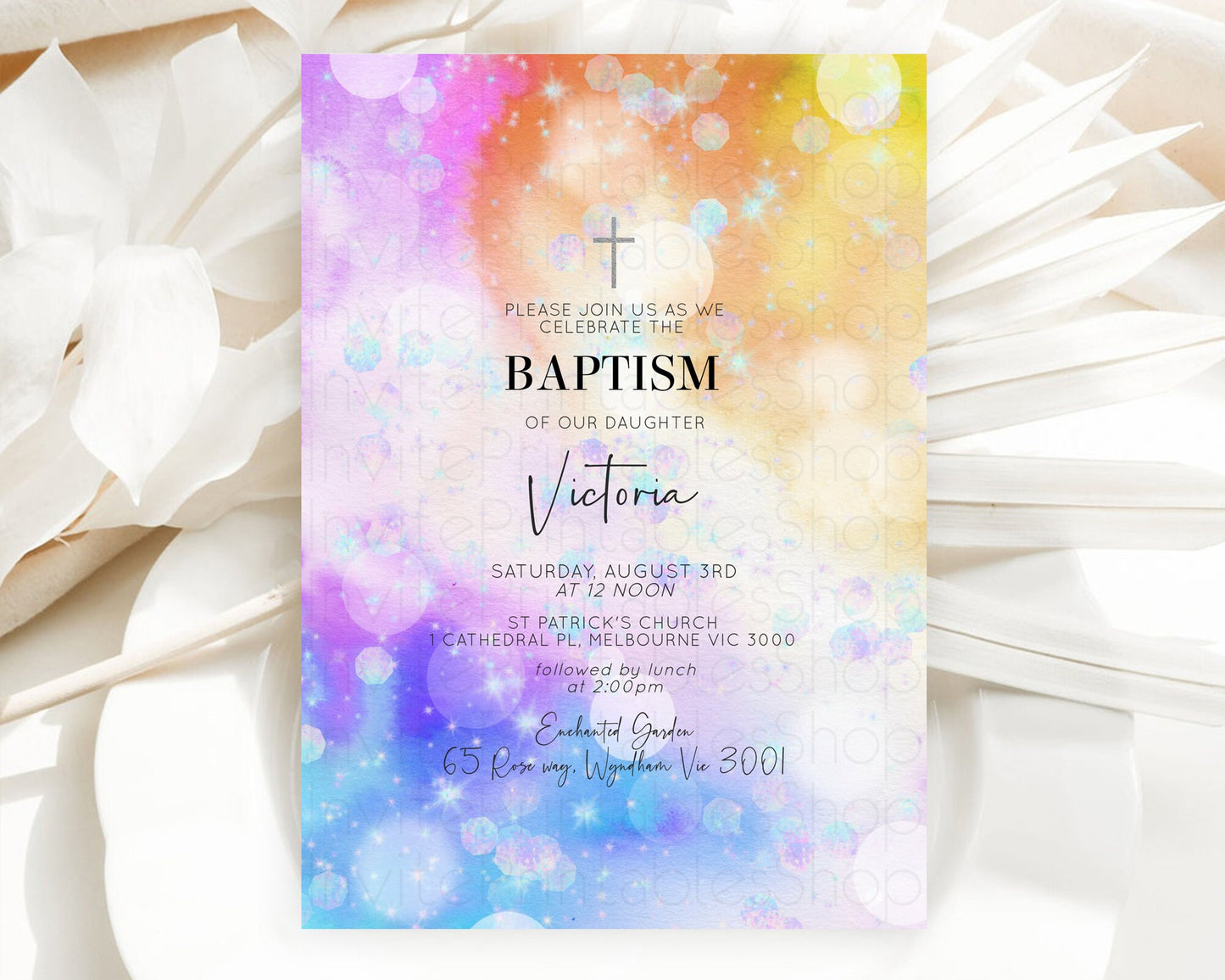 Rainbow Baptism Invitation Colorful Pastel Watercolor Baptism 1st Birthday Invitation Iridescent Glitter Sprinkles Ombre Christening D10690