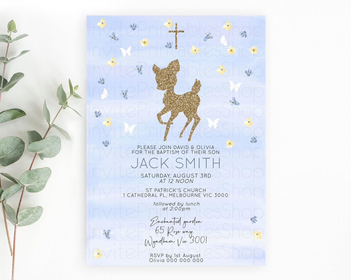 Fawn Baptism Invitation Deer Baptism 1st Birthday Invitation Enchanted Forest Christening Invitation Pastel Garden Butterfly Floral D10863