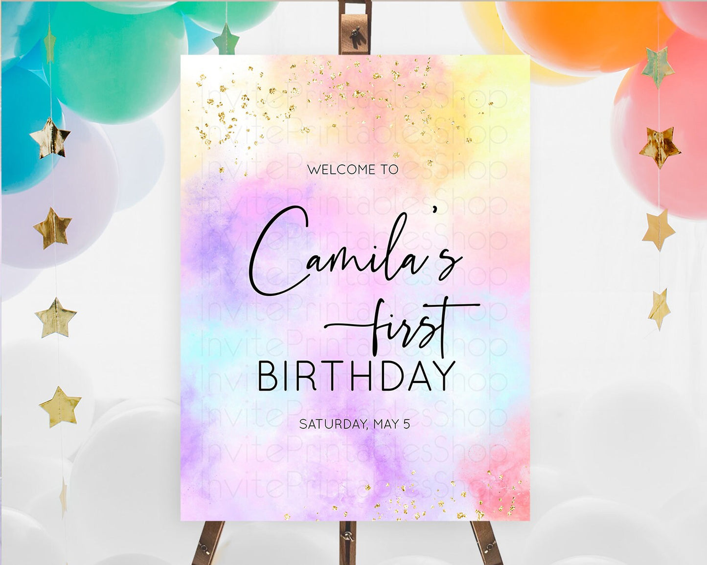 Pastel Welcome Sign Pastel Rainbow Welcome Sign Colorful Rainbow Confetti Watercolor Glitter Pastel First Birthday Welcome Sign D10437