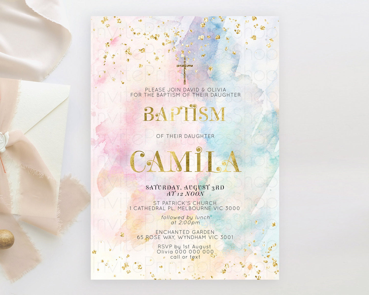 Pastel Baptism Invitation Pastel Colors Watercolor Baptism 1st Birthday Party Gold Ombre Pastel Rainbow Christening Holy Communion D10835