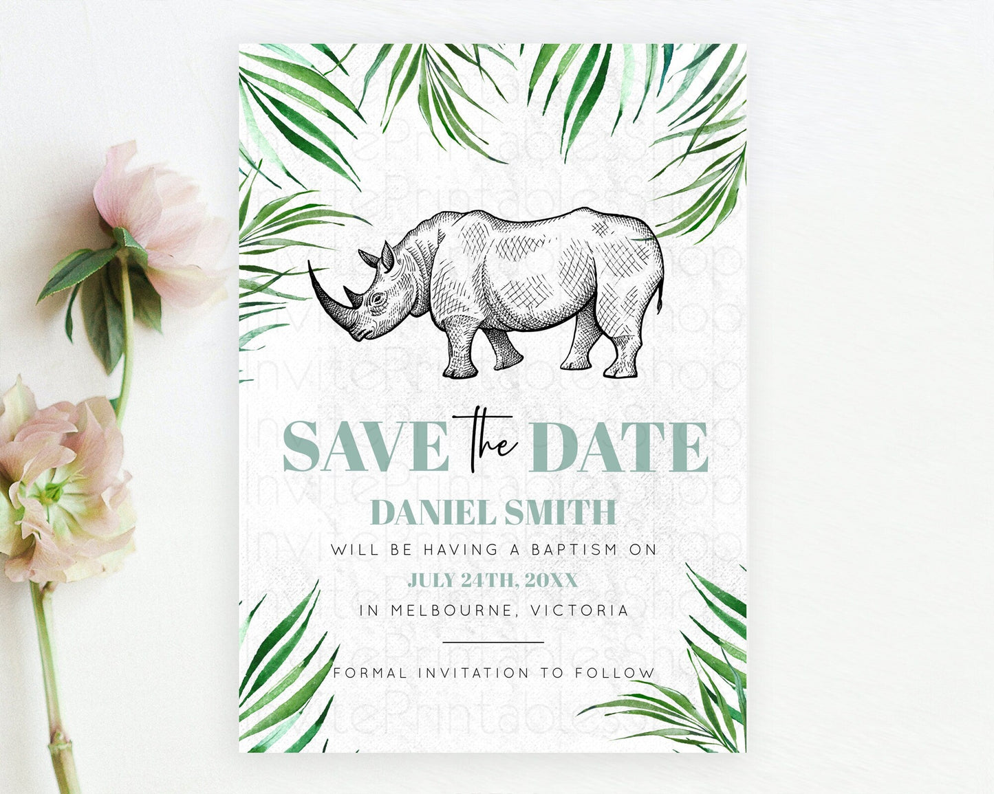 Rhino Save The Date Template Rhino Party Save The Date Safari Adventure Rhino Minimal Theme For 1st Birthday Baptism Baby Shower D10848