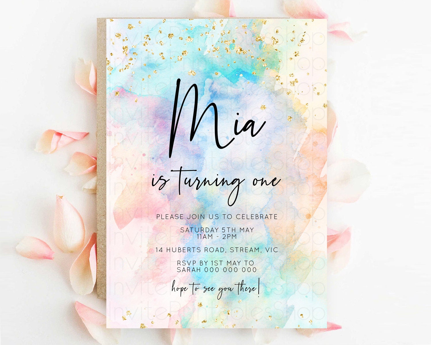 Editable Rainbow Birthday Invitation Colorful Pastel Watercolor Invitation G