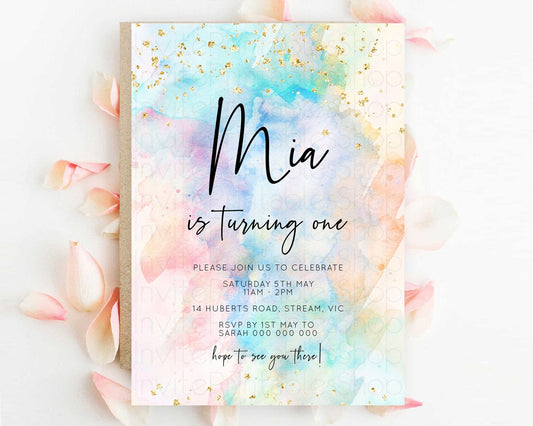 Editable Rainbow Birthday Invitation Colorful Pastel Watercolor Invitation G