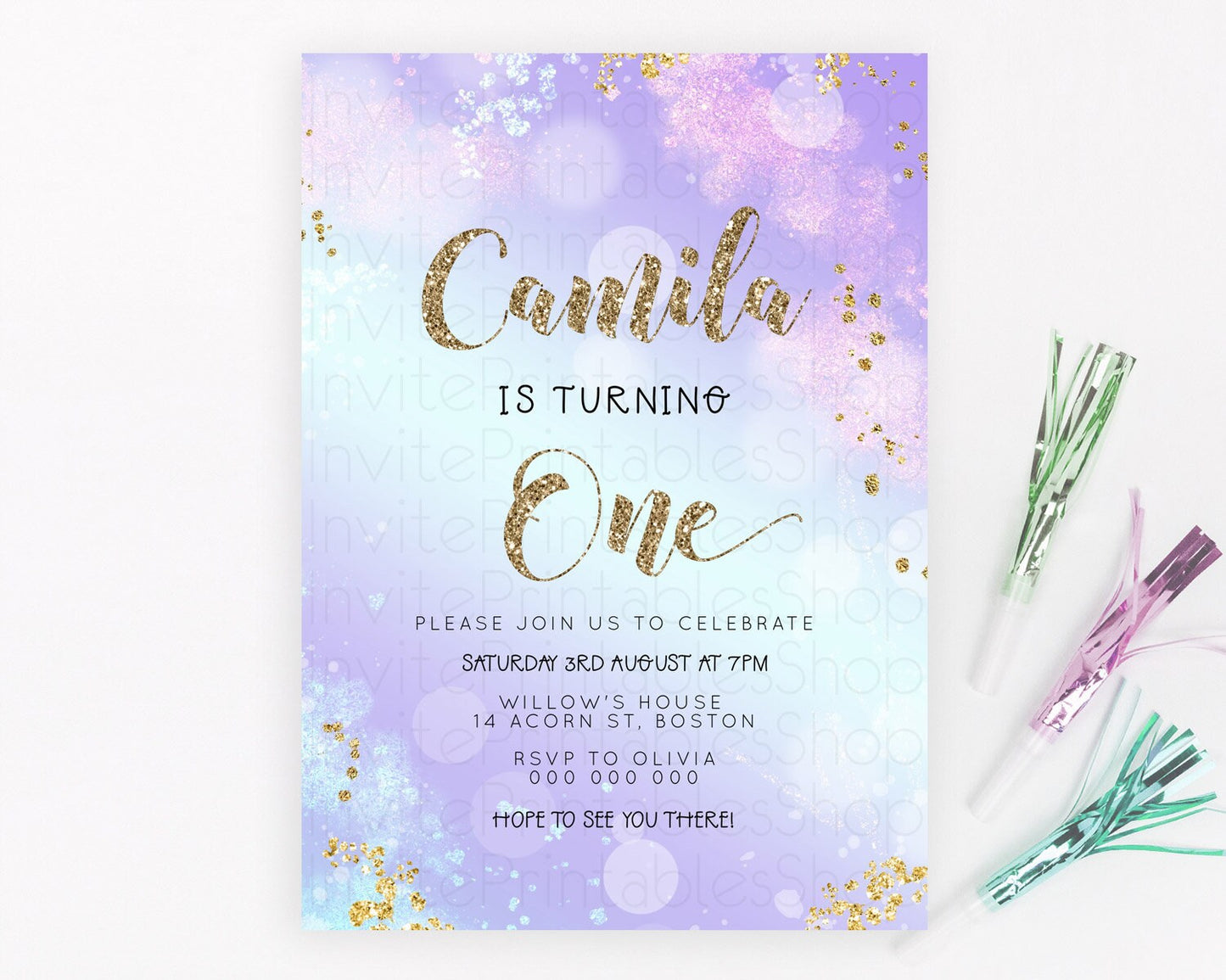 Rainbow Birthday Invitation Colorful Pastel Watercolor Invitation Gold Glitter Sprinkles Ombre Pastel 1st 2nd 3rd Birthday D23118