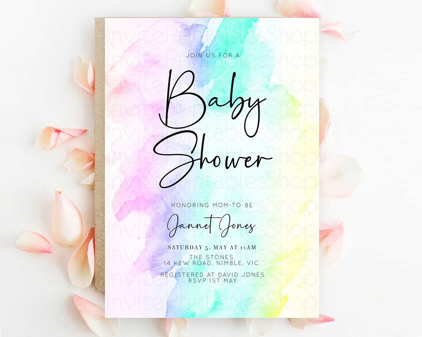 Pastel Baby Shower Invitation Rainbow Baby Shower Invitation Colorful Pastel Watercolor Invitation Gold Glitter Sprinkles Ombre D10231