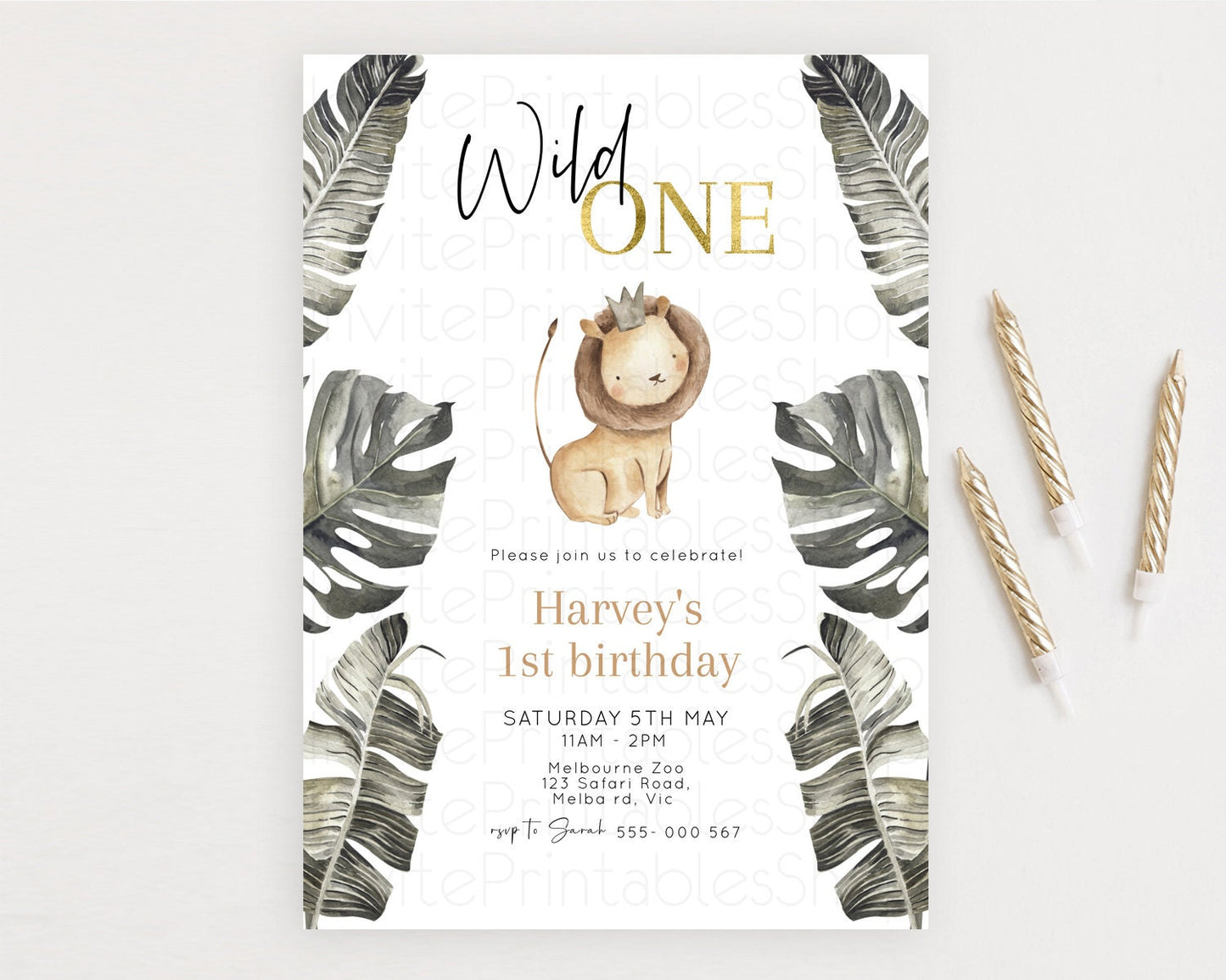 Editable Safari Birthday Invitation Lion Gorilla Elephant Rhino Tropical Pal