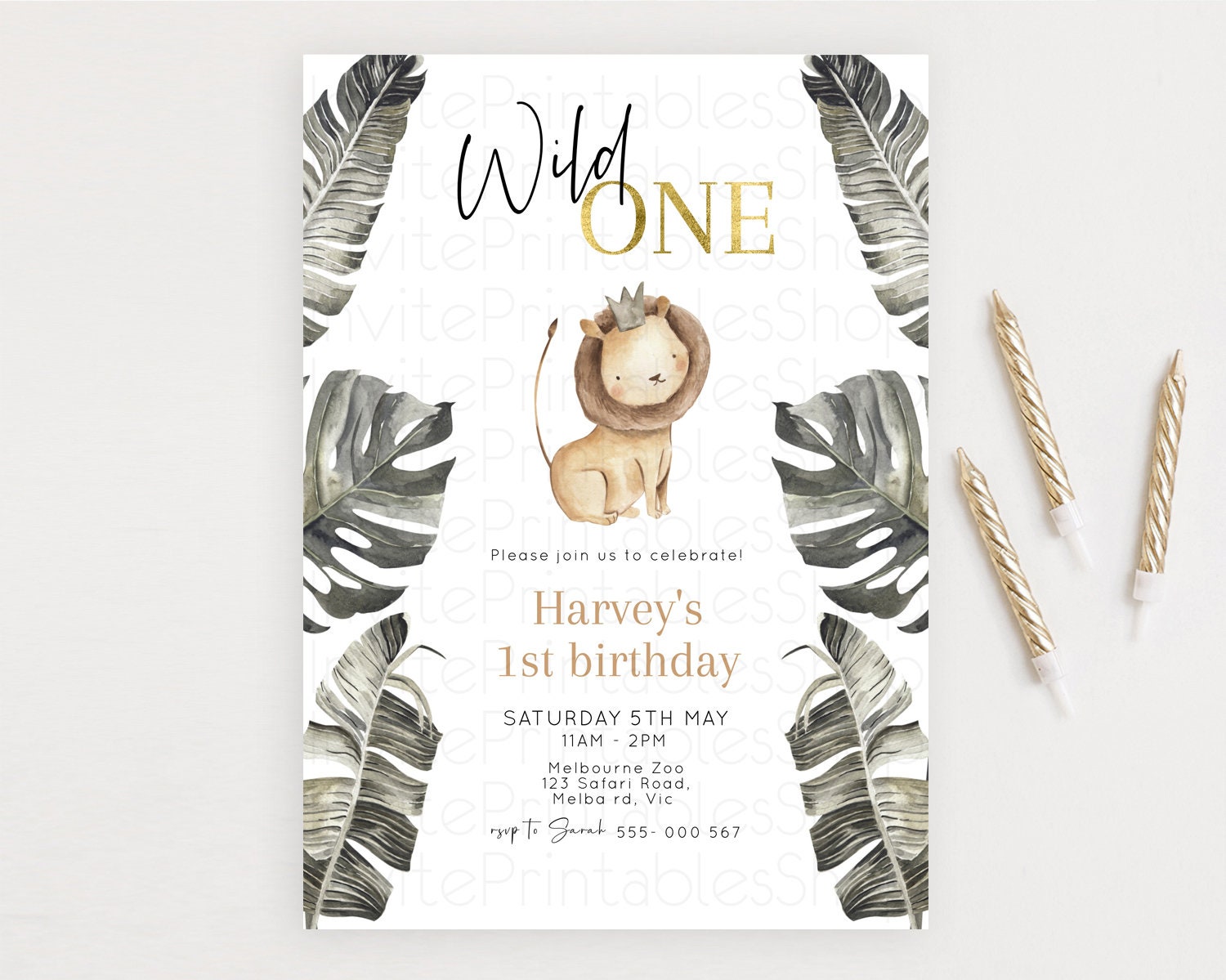 Editable Safari Birthday Invitation Lion Gorilla Elephant Rhino Tropical Pal