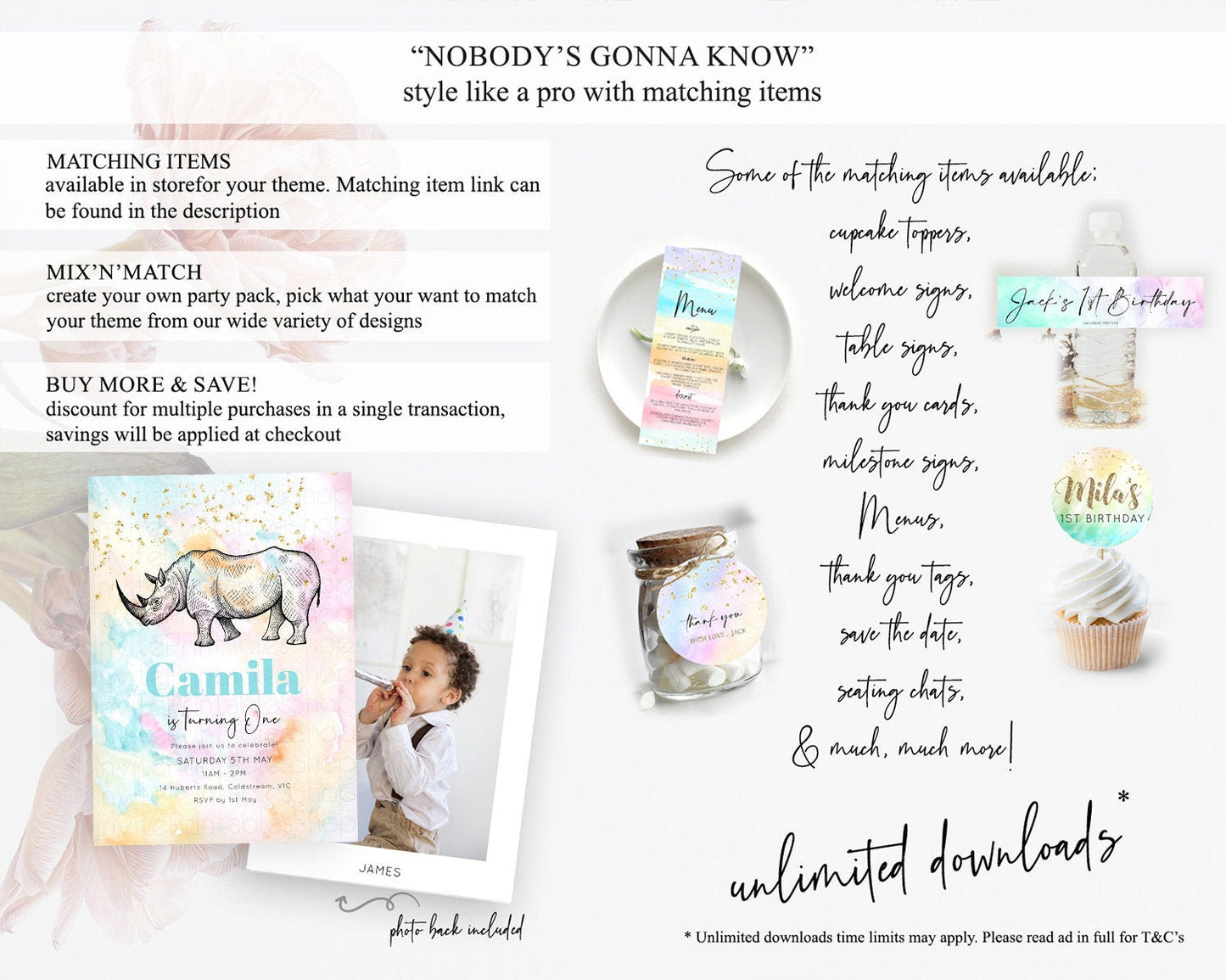 Rhino Birthday Invitation Rhino Invitation Rhino Birthday Pastel Watercolor Rhino Invitation Rainbow Rhino Party First Birthday D10287