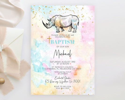 Editable Rhino Baptism Invitation Rhino Baptism 1st Birthday Invitation Rhin