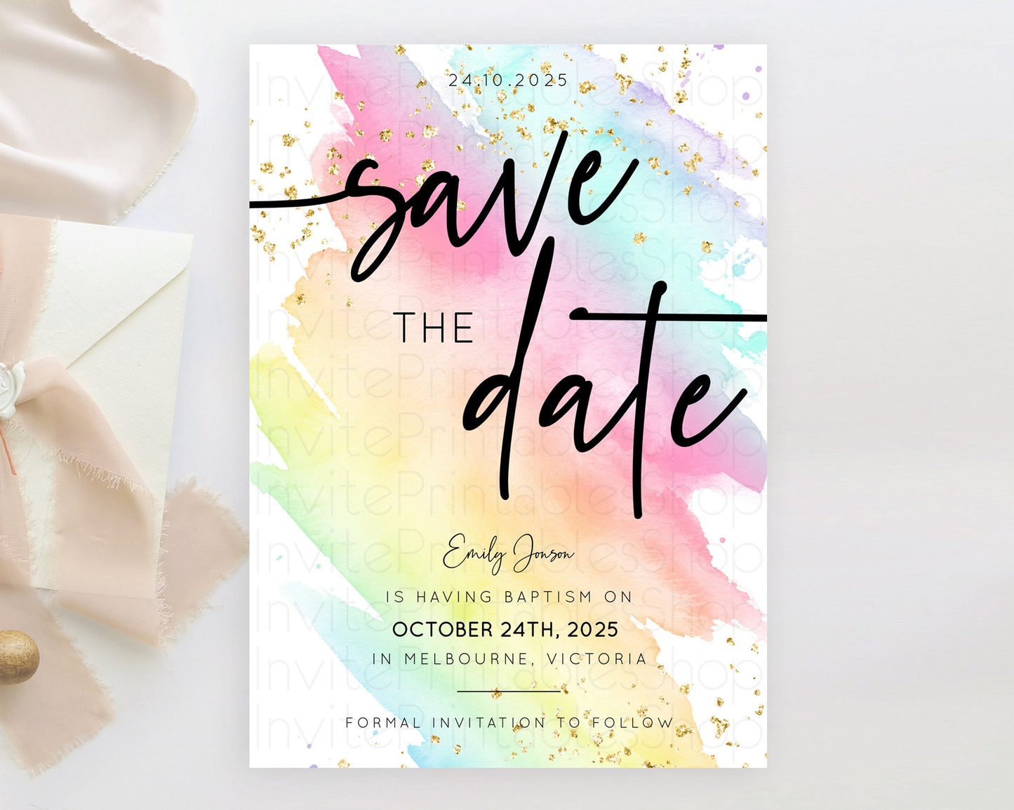 Pastel Save The Date Template Pastel Ombre Rainbow Watercolor Colorful Party For Birthday Baptism Baby Shower Wedding Bridal Shower D10495