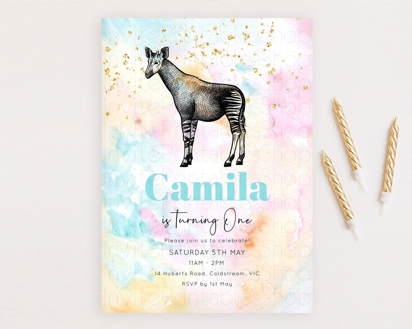 Okapi Birthday Invitation Okapi Invitation Okapi Birthday Pastel Watercolor Okapi Invitation Rainbow Okapi Invitation D10282