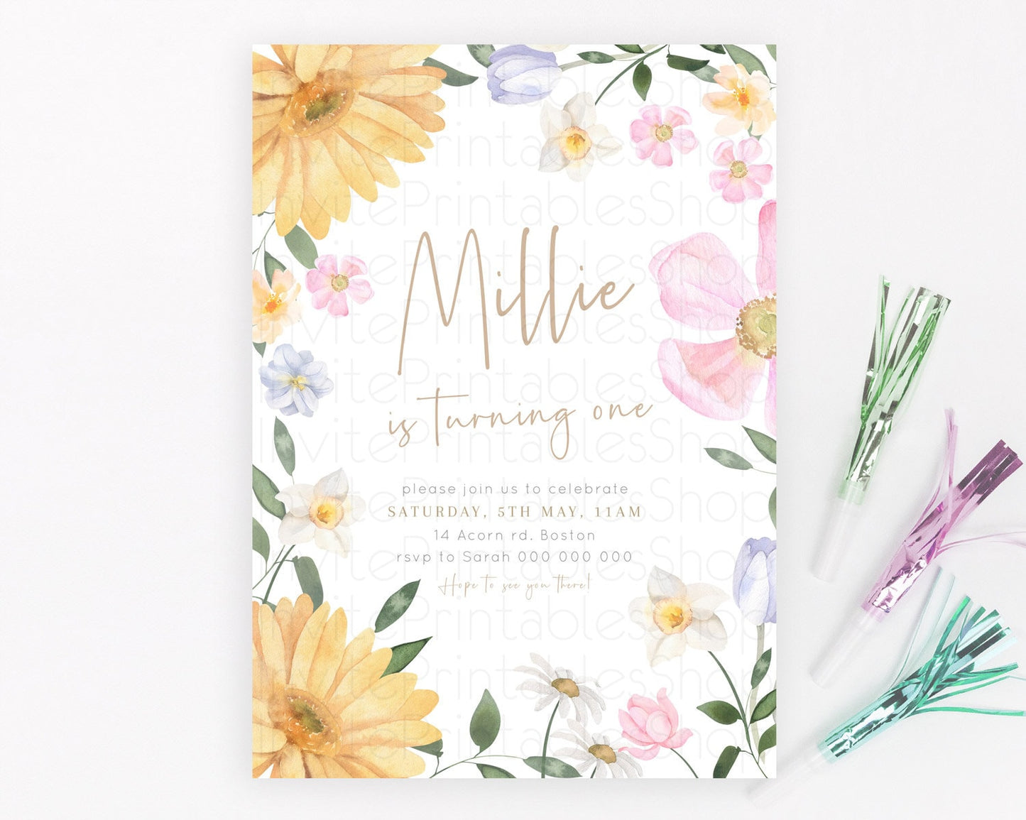 Secret Garden Invitation Wildflower Birthday Invitation Pastel Flowers Invite Enchanted Garden Boho Floral 3rd 2nd First Birthday D23370