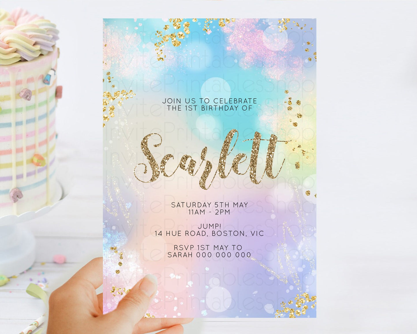 Rainbow Birthday Invitation Colorful Pastel Watercolor Invitation Gold Glitter Sprinkles Ombre Pastel 1st 2nd 3rd Birthday D10677