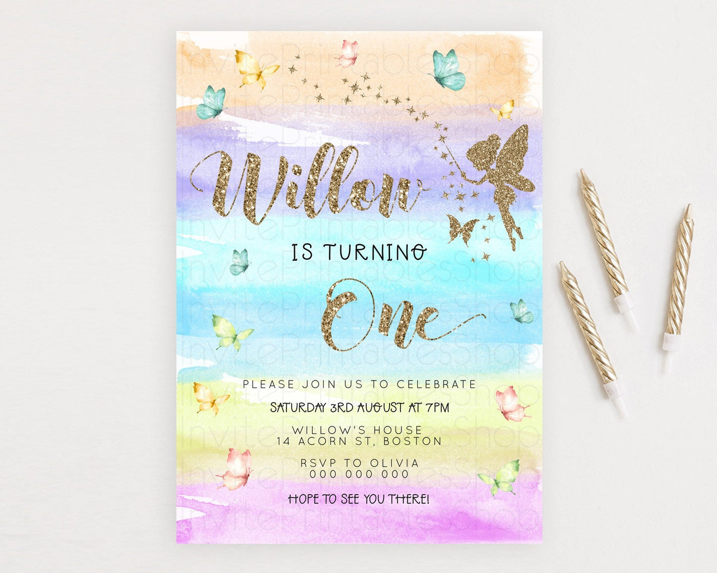 Pastel Fairy Birthday Invitation Pastel Butterflies Fairy Birthday Invitation Rainbow Ombre Watercolor 1st 2nd Birthday Invitation D23318