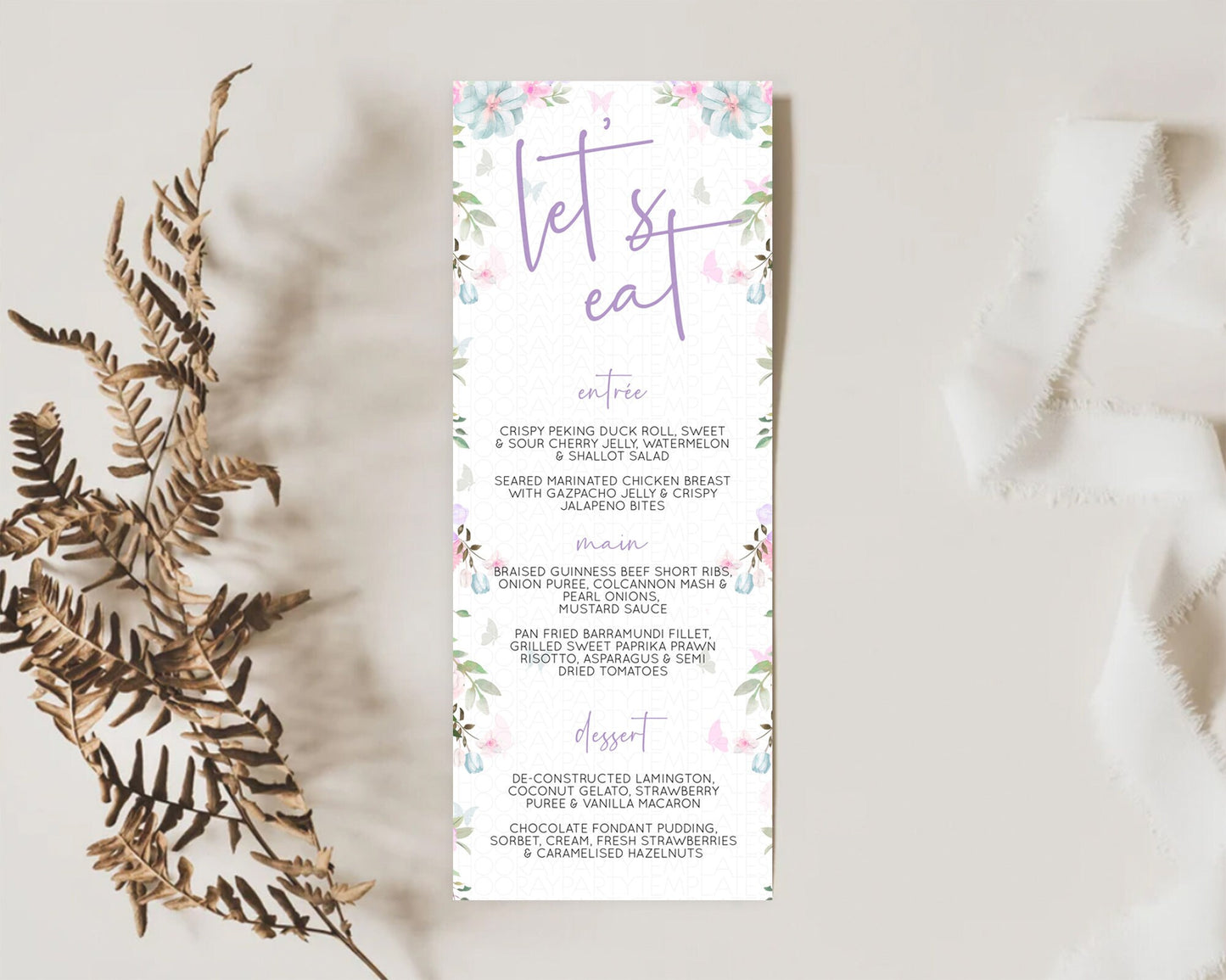 Secret Garden Menu Wildflower Menu Template Pastel Flower Garden Table Decor Boho Floral Dinner Dessert Floral Party Food Menu D10494