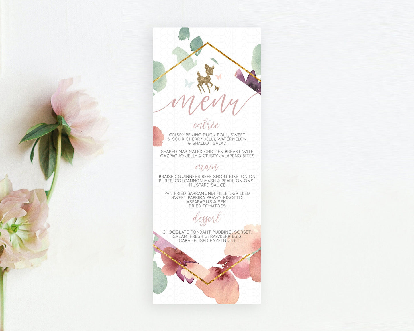 Fawn Menu Deer Menu Template Pastel Floral Deer Table Decor Enchanted Forest Butterfly Floral Dinner Dessert Menu Party Food Menu D10459