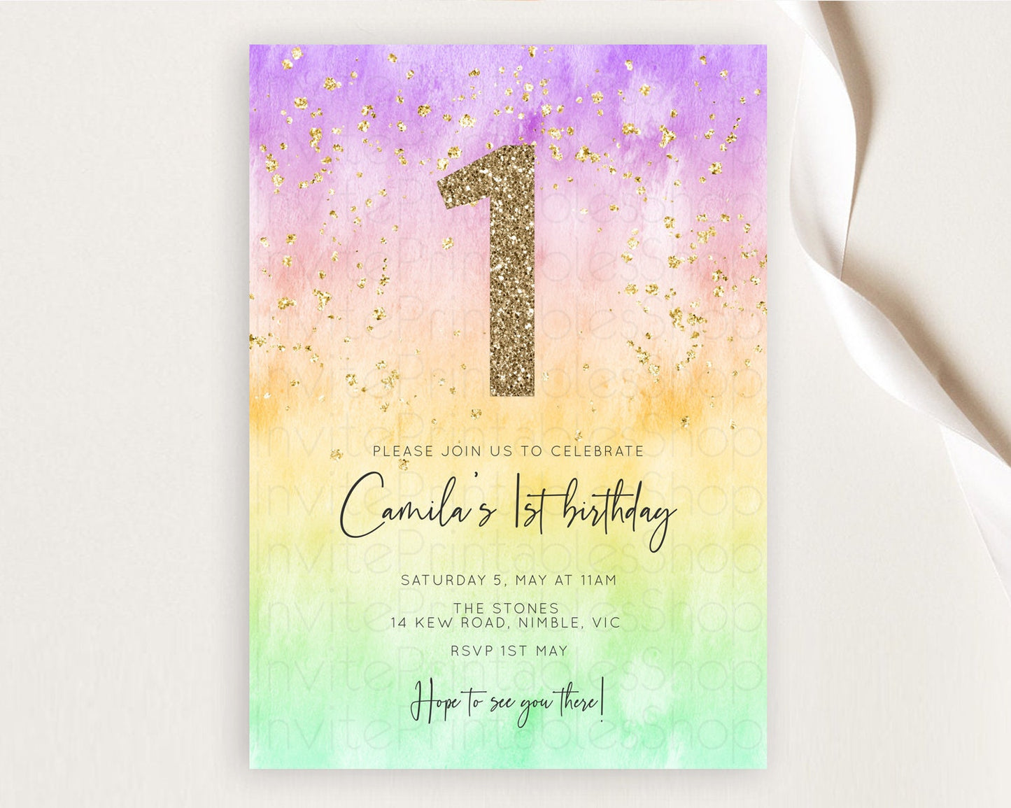 Rainbow Birthday Invitation Colorful Pastel Watercolor Invitation Gold Glitter Sprinkles Ombre Pastel 1st 2nd 3rd Birthday D10514