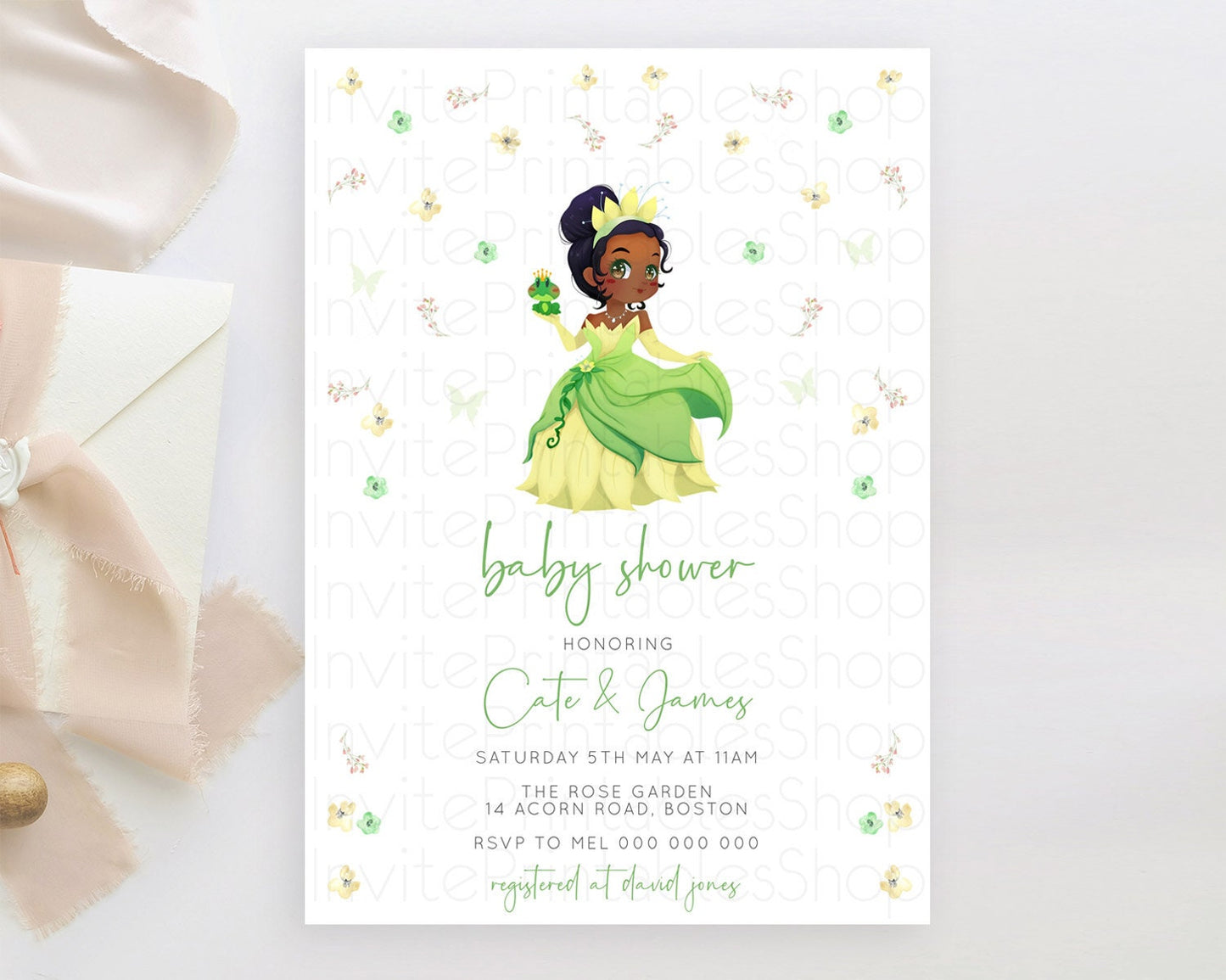 Princess Baby Shower Invitation, Enchanted Garden, Secret Garden, Floral Garden, Princess and Frog - Yellow and Green Flower Theme D10348