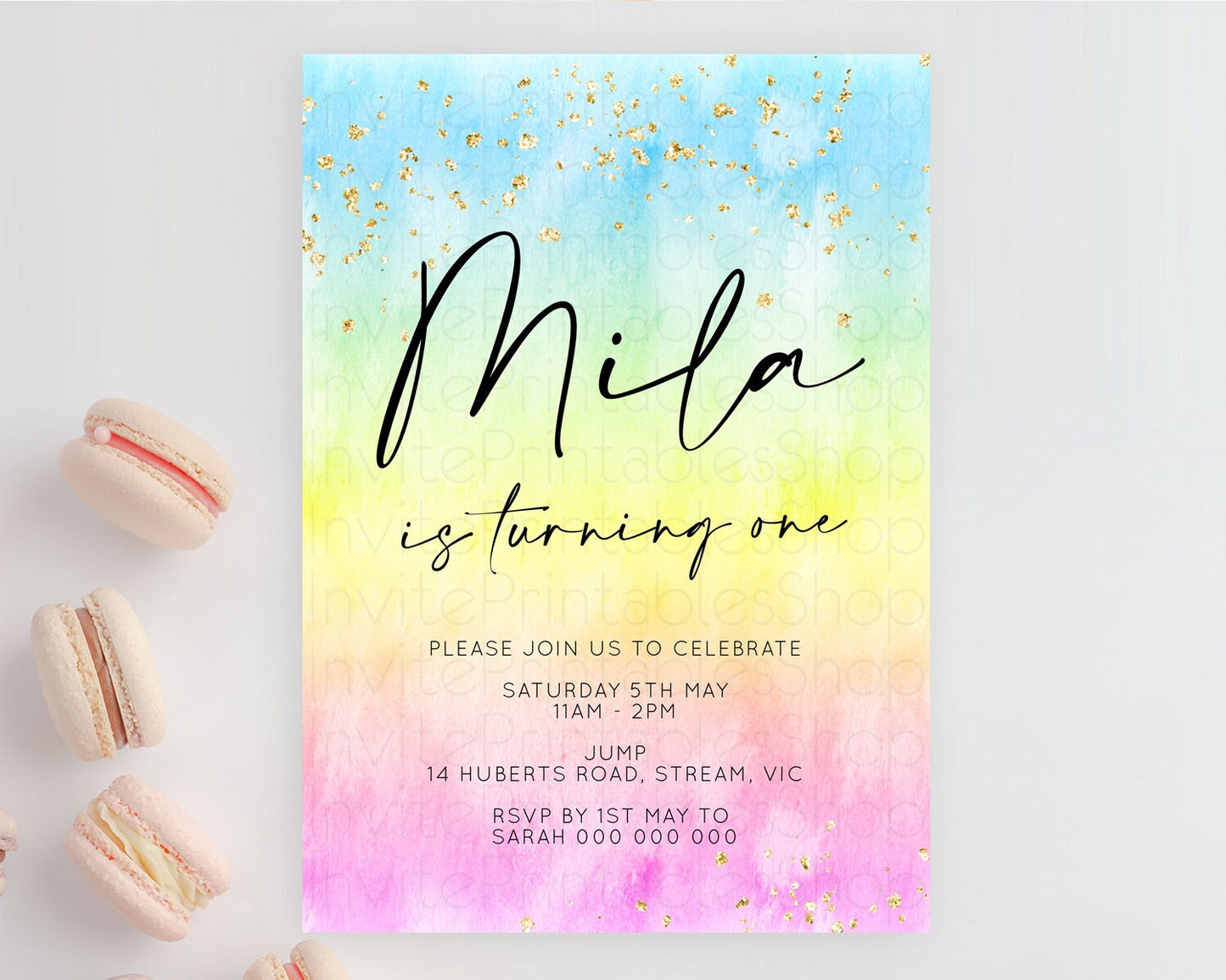 Rainbow Birthday Invitation Colorful Pastel Watercolor Invitation Gold Glitter Sprinkles Ombre Pastel 1st 2nd 3rd Birthday D10483