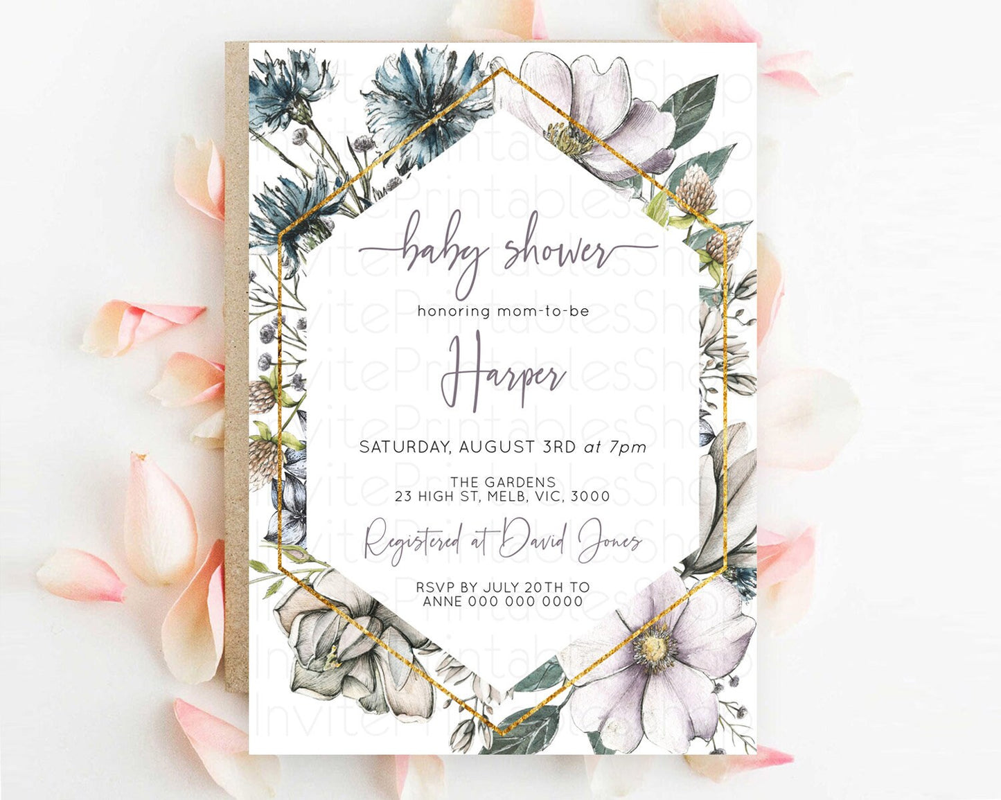 Wildflower Baby Shower Invitation Secret Garden Baby Shower Invitation Pastel Flowers Invite Enchanted Garden Shower Floral Theme D10501