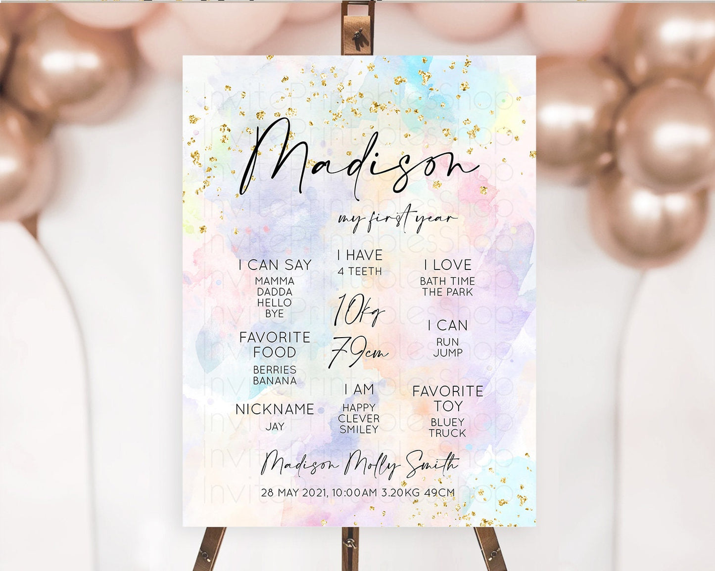 Pastel First Birthday Milestone Board Pastel Rainbow Milestone Poster Colorful Confetti Watercolor Glitter 1st Birthday Welcome Sign D10605
