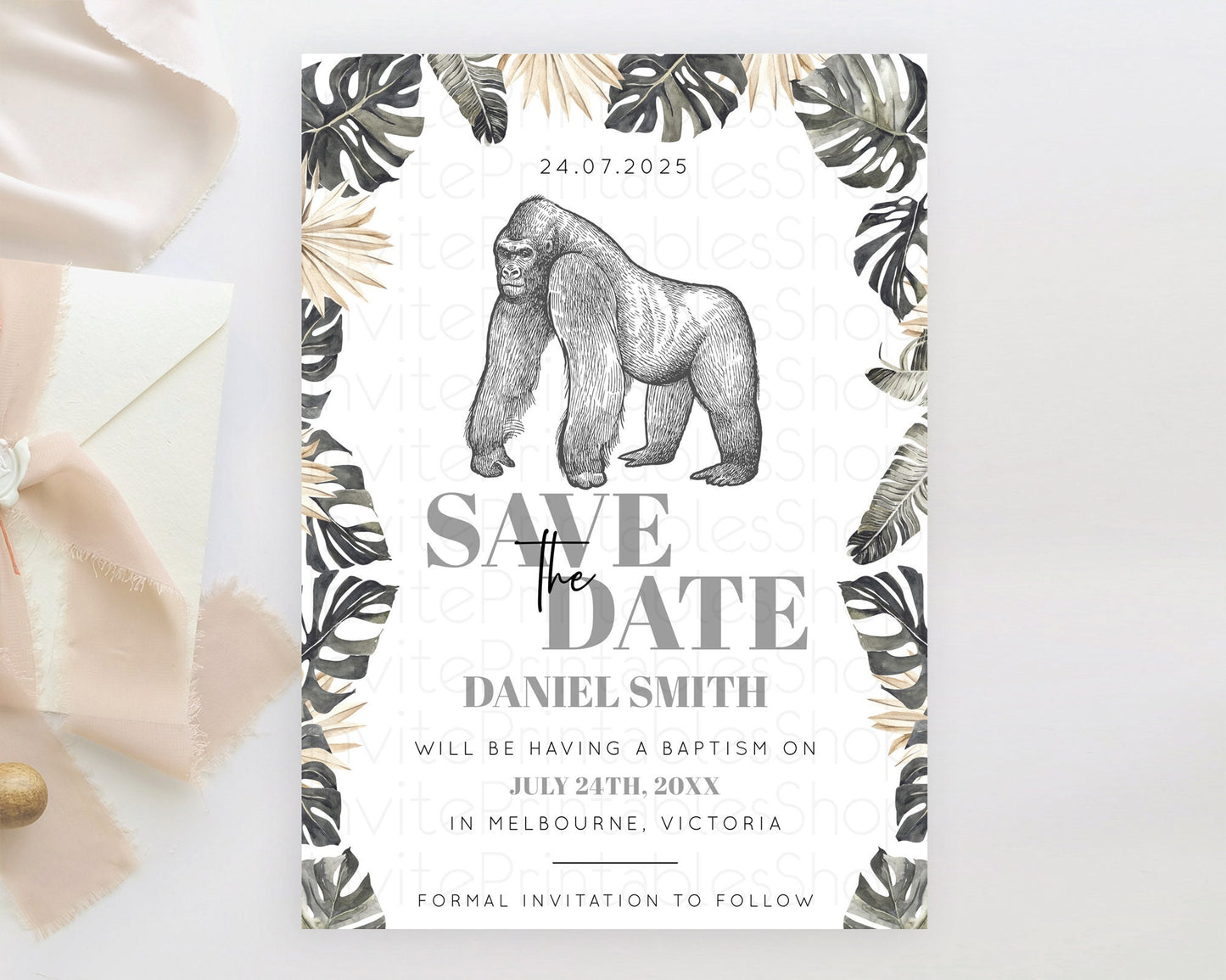 Gorilla Save The Date Template Gorilla Party Save The Date Safari Adventure Gorilla Minimal Theme 1st Birthday Baptism Baby Shower D10825