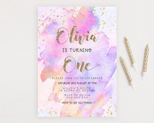 Rainbow Birthday Invitation Colorful Pastel Watercolor Invitation Gold Glitter Sprinkles Ombre Pastel 1st 2nd 3rd Birthday D23298