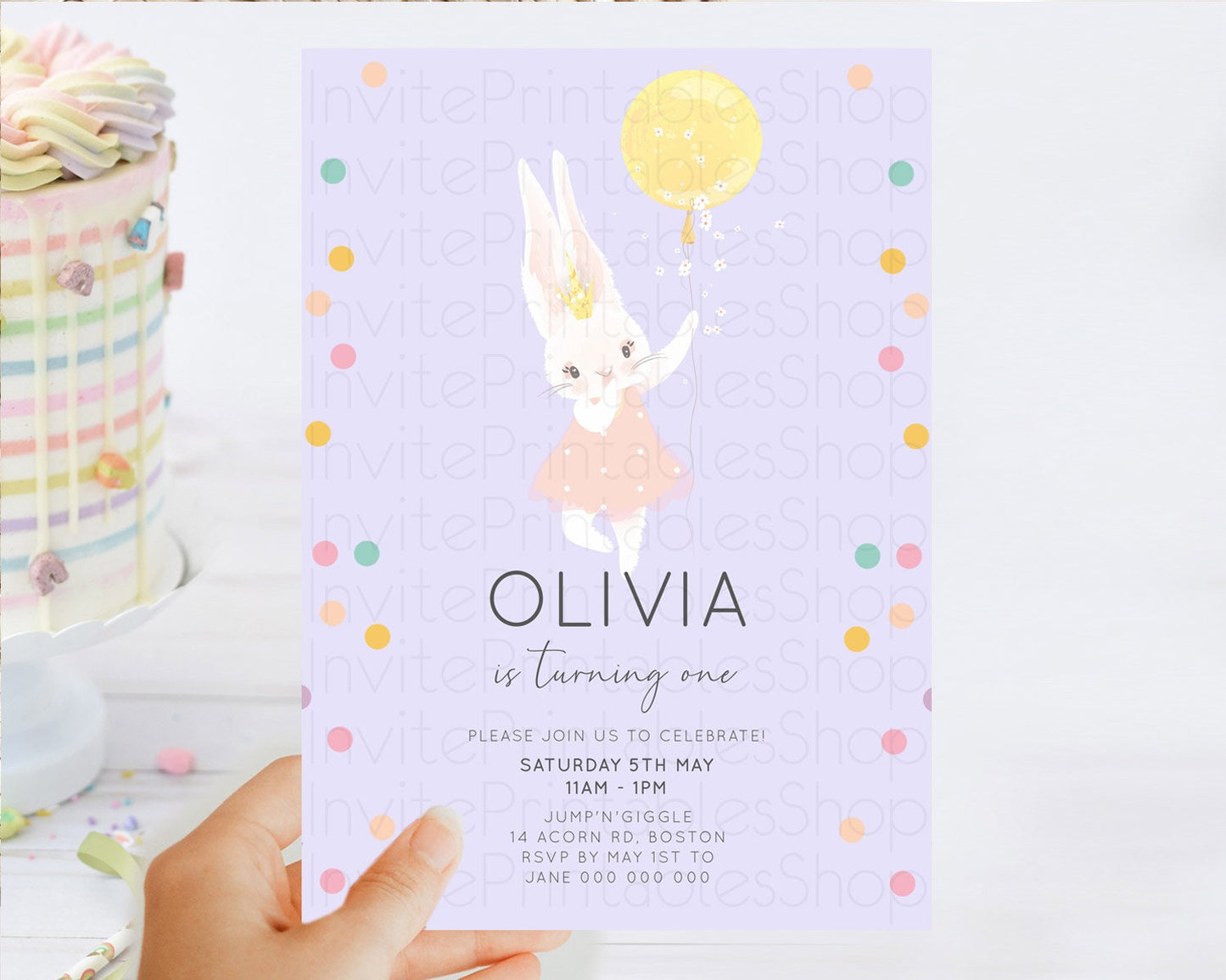 Editable Bunny Birthday Invitation Pastel Bunny Invitation Bunny Balloon Inv