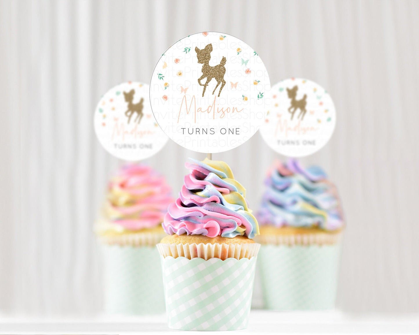 Fawn Cupcake Toppers Deer Cupcake Toppers Enchanted Forest Party Butterfly Pastel Flowers Woofland Cupcake Toppers First Birthday D10355