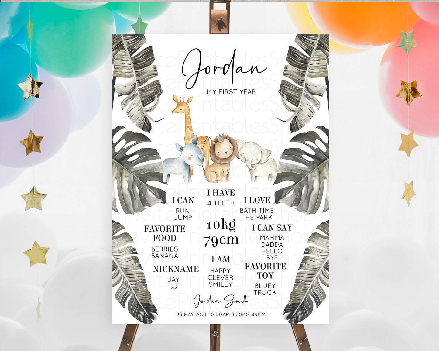 Safari First Birthday Milestone Poster Lion Gorilla Elephant Rhino Tropical Palm Jungle Zoo Party Animal 1st Birthday Welcome Sign D10599