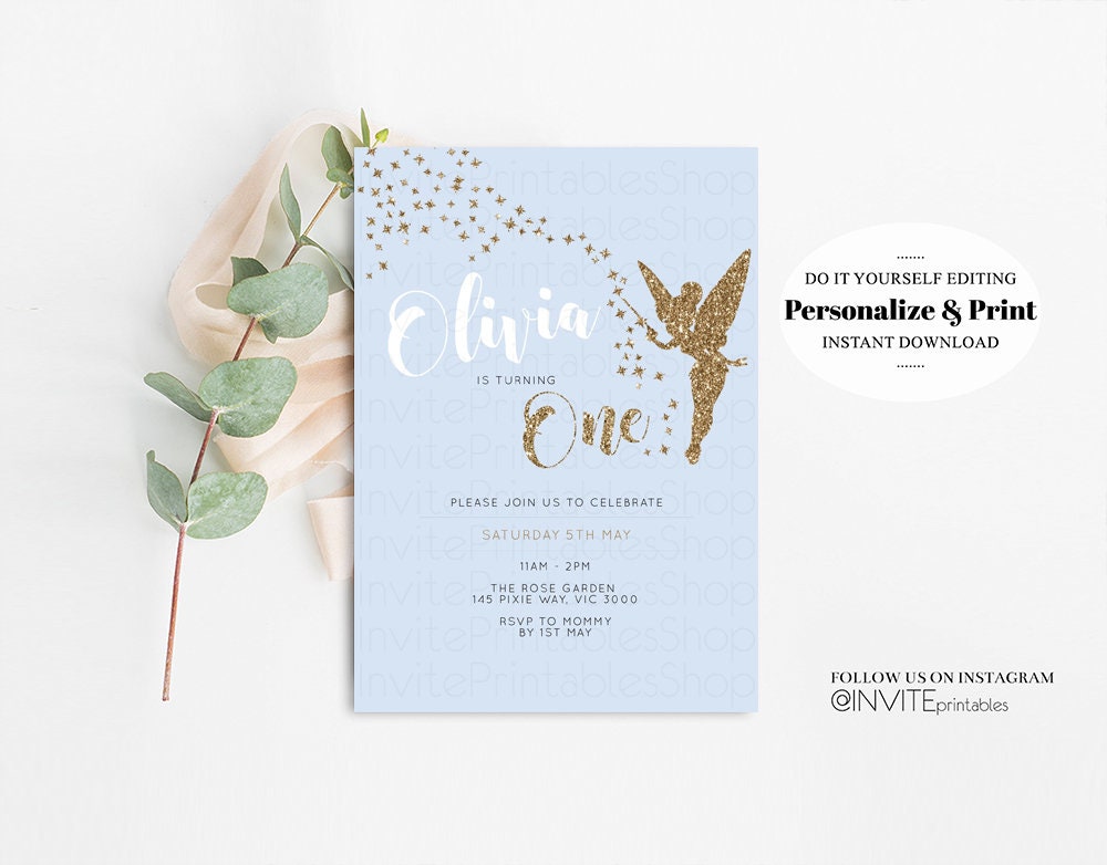 Editable Fairy Birthday Invitation Gold Glitter Tinkerbell Invite Pixie Magi