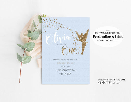 Editable Fairy Birthday Invitation Gold Glitter Tinkerbell Invite Pixie Magi