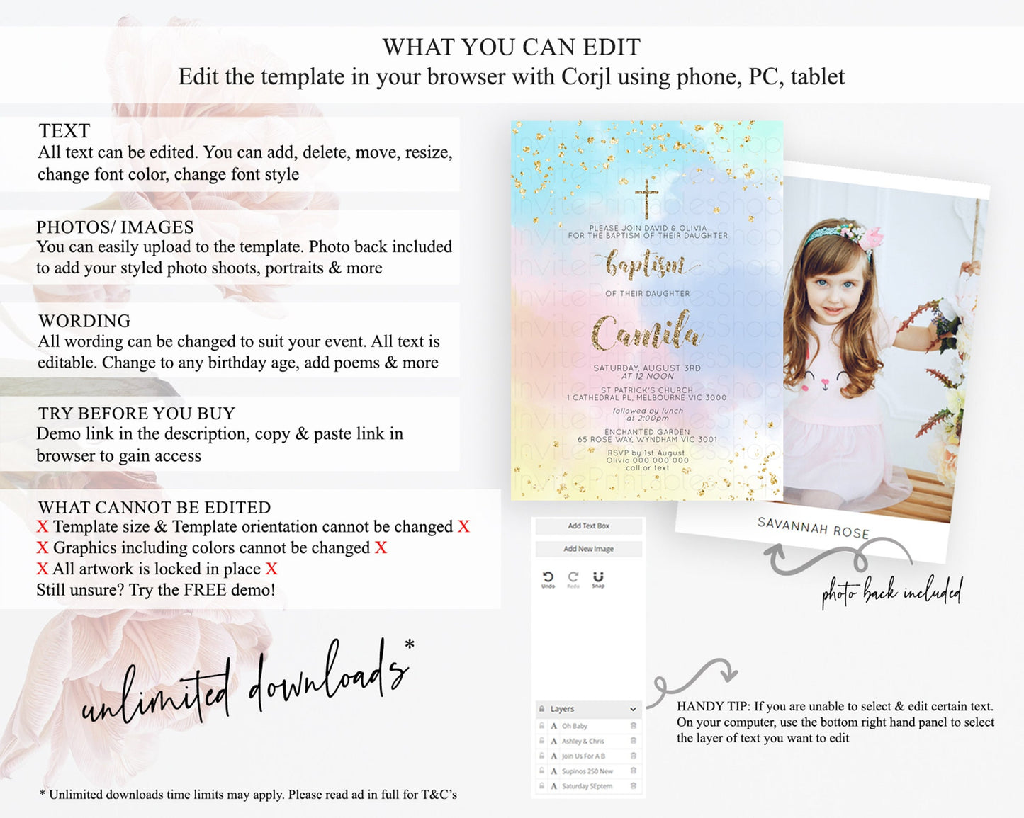 Pastel Baptism Invitation Pastel Colors Watercolor Baptism 1st Birthday Party Gold Ombre Pastel Rainbow Christening Holy Communion D10367