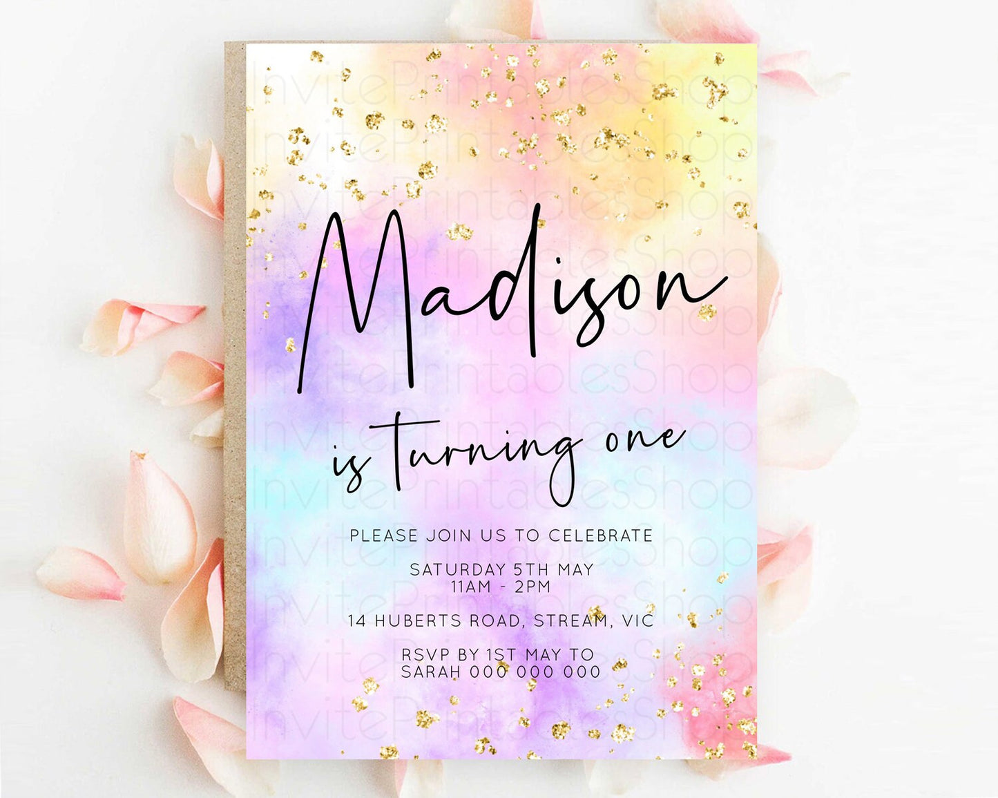 Rainbow Birthday Invitation Colorful Pastel Watercolor Invitation Gold Glitter Sprinkles Ombre Pastel 1st 2nd 3rd Birthday D10438
