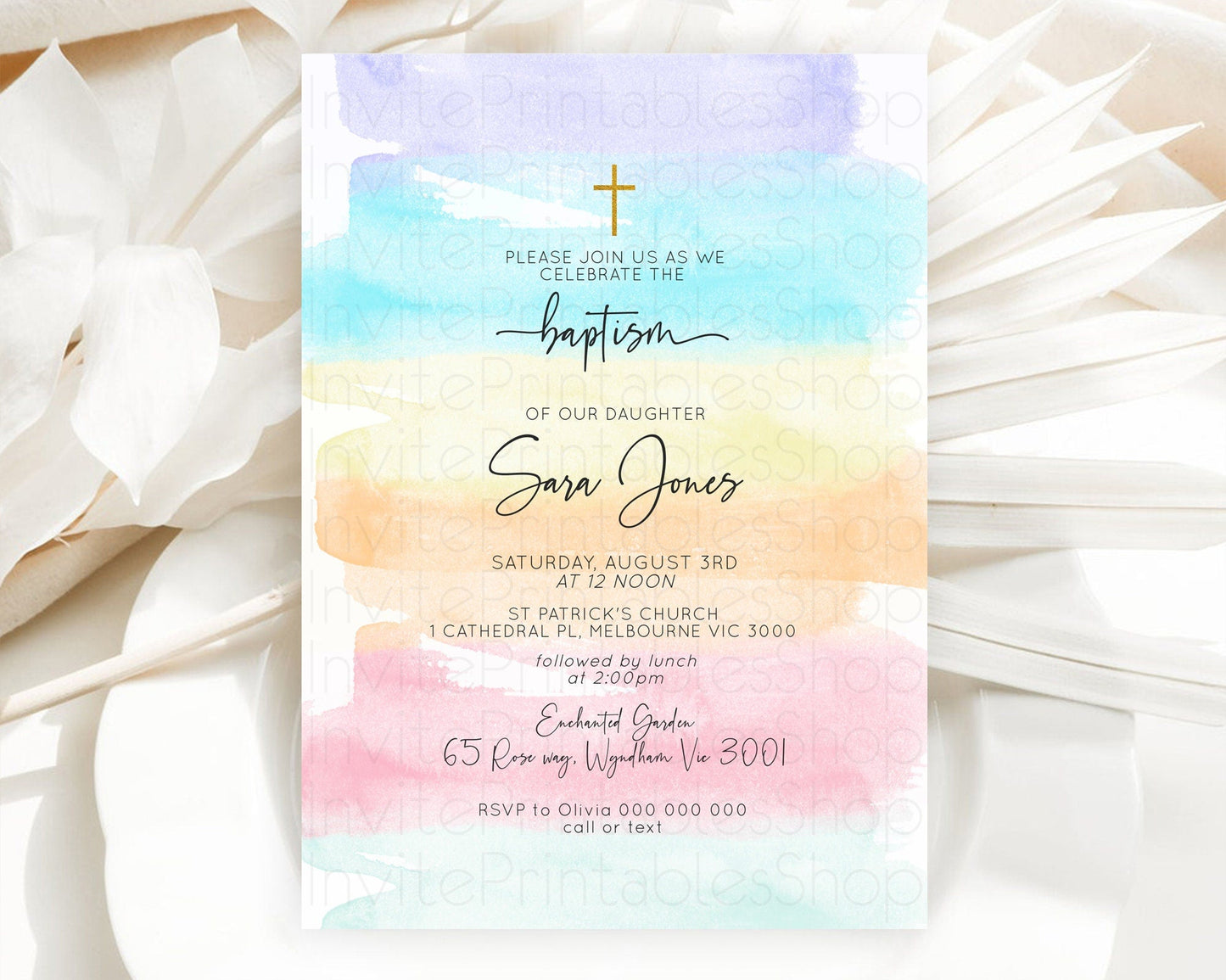 Pastel Baptism Invitation Pastel Colors Watercolor Baptism 1st Birthday Party Gold Ombre Pastel Rainbow Christening Holy Communion D10505