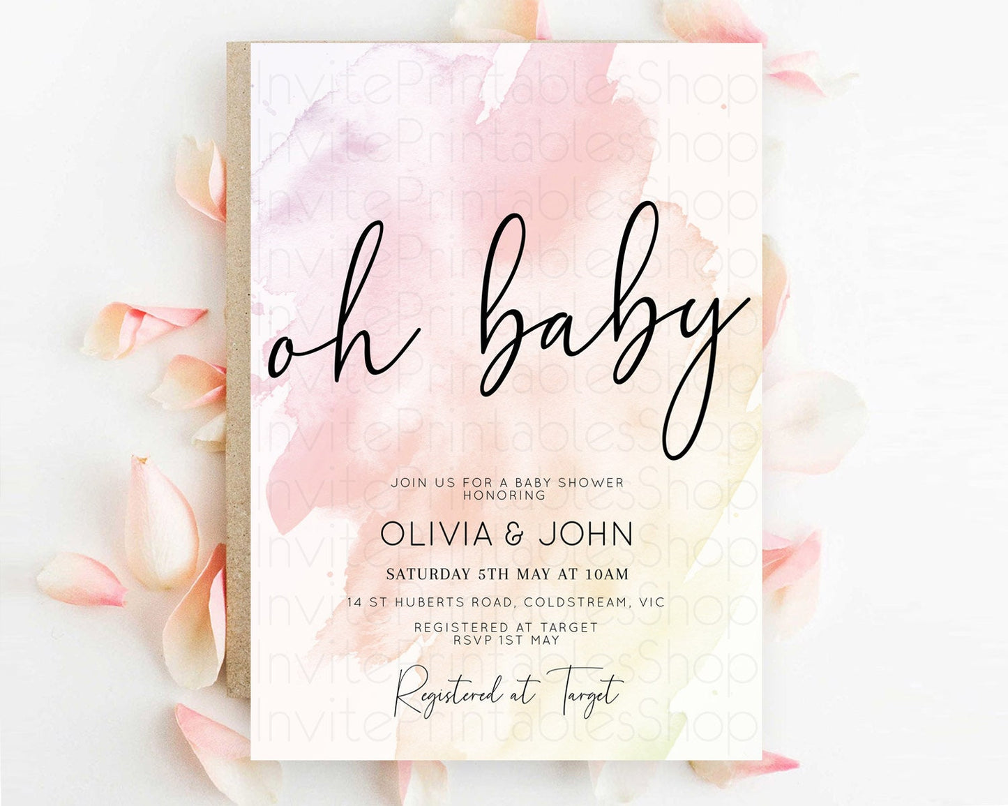 Pink Baby Shower Invitation Pink Watercolor Baby Shower Invitation Pastel Pink Watercolor Invitation Pink Splash Gold Invitation D10164