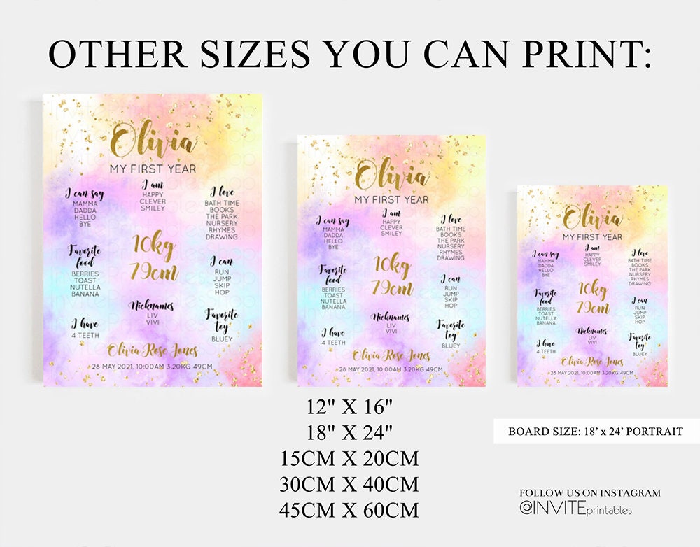 Pastel Rainbow Milestone Board Watercolor 1st Birthday Colorful Milestone Sign 1st birthday Milestone Poster Gold Glitter Baby Keepsake 499