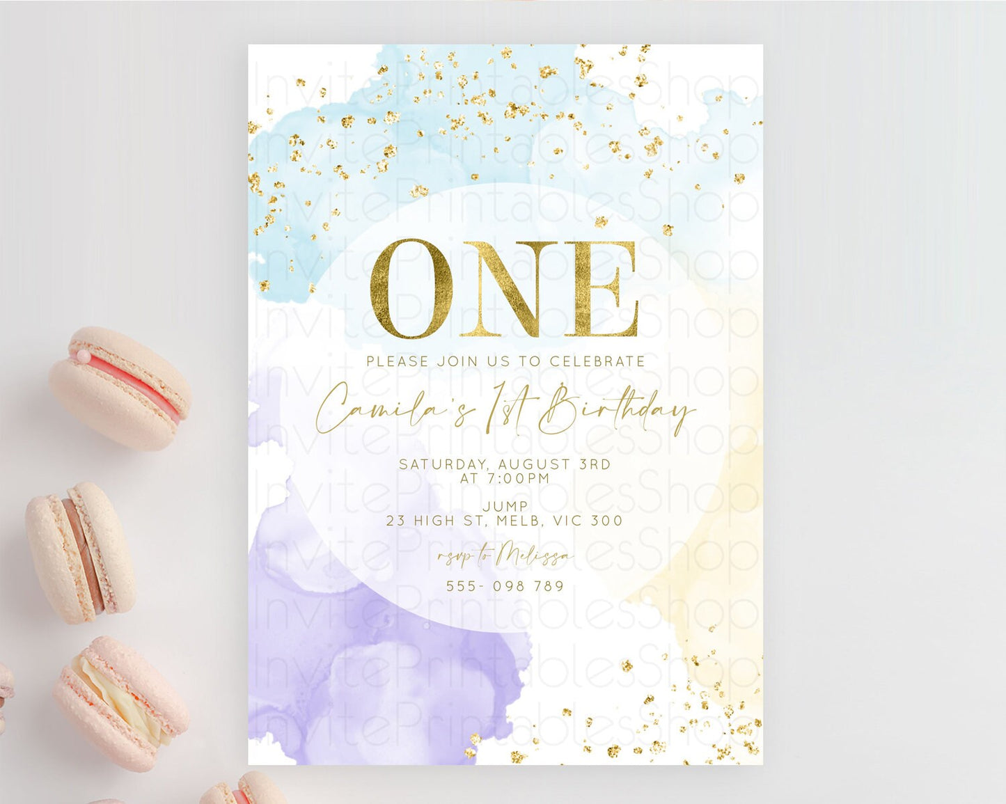 Rainbow Birthday Invitation Colorful Pastel Watercolor Invitation Gold Glitter Sprinkles Ombre Pastel 1st 2nd 3rd Birthday D10206