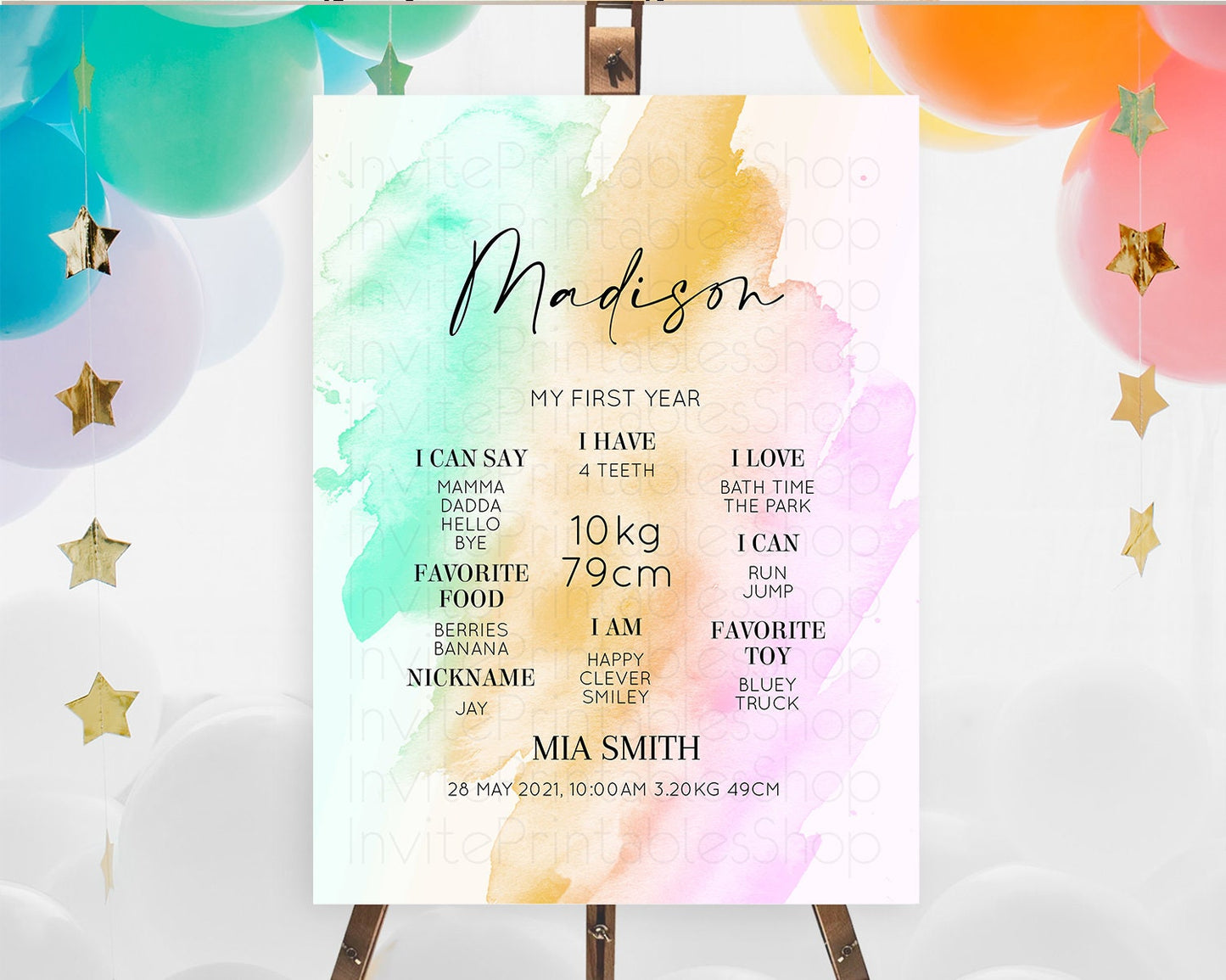 Pastel First Birthday Milestone Board Pastel Rainbow Milestone Poster Colorful Confetti Watercolor Glitter 1st Birthday Welcome Sign D10962